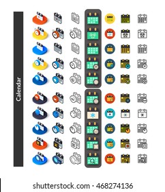 Set of icons in different style - isometric flat and otline, colored and black versions, vector symbols - Calendar collection