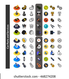 Set of icons in different style - isometric flat and otline, colored and black versions, vector symbols - Car parts and services collection