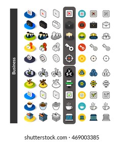 Set of icons in different style - isometric flat and otline, colored and black versions, vector symbols - Business collection