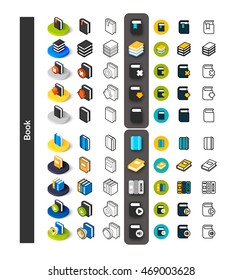 Set of icons in different style - isometric flat and otline, colored and black versions, vector symbols - Book collection