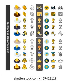 Set of icons in different style - isometric flat and otline, colored and black versions, vector symbols - Winning, Prizes and awards collection