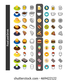 Set of icons in different style - isometric flat and otline, colored and black versions, vector symbols - Food and drink collection