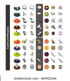 Set of icons in different style - isometric flat and otline, colored and black versions, vector symbols - Castle and weapons collection