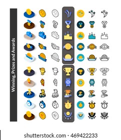 Set of icons in different style - isometric flat and otline, colored and black versions, vector symbols - Winning, Prizes and awards collection