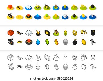 Set of icons in different style - isometric flat and otline, colored and black versions, vector symbols - Games collection