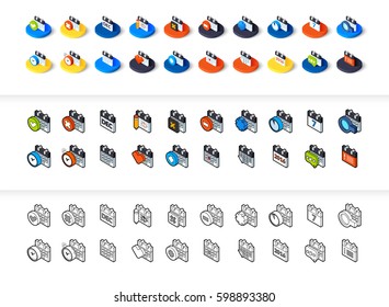 Set of icons in different style - isometric flat and otline, colored and black versions, vector symbols - Calendar collection