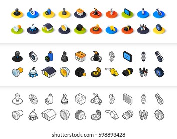 Set of icons in different style - isometric flat and otline, colored and black versions, vector symbols - Car parts and services collection