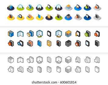 Set of icons in different style - isometric flat and otline, colored and black versions, vector symbols - Book collection