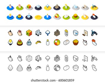 Set of icons in different style - isometric flat and otline, colored and black versions, vector symbols - Baby and childhood collection