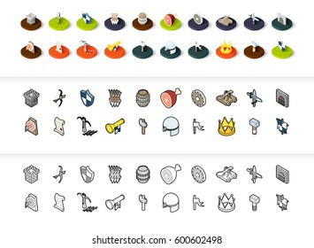 Conjunto de iconos de estilo diferente - isométrico plano y línea, versiones en color y negro, símbolos vectoriales - Colección de castillo y armas