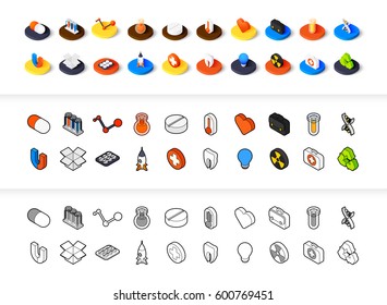 Set of icons in different style - isometric flat and otline, colored and black versions, vector symbols - Science and medicine collection