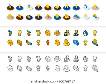 Set of icons in different style - isometric flat and otline, colored and black versions, vector symbols - Winning, Prizes and awards collection