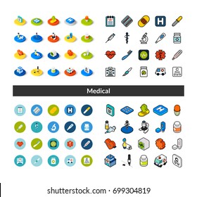 Set of icons in different style - isometric flat and otline, colored and black versions, vector symbols - Medical collection