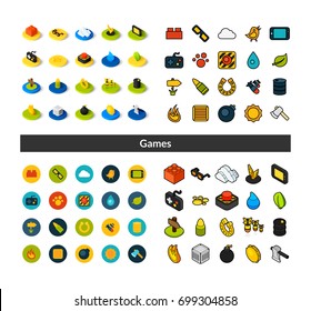 Set of icons in different style - isometric flat and otline, colored and black versions, vector symbols - Games collection