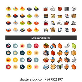 Set of icons in different style - isometric flat and otline, colored and black versions, vector symbols - Sales and retail collection
