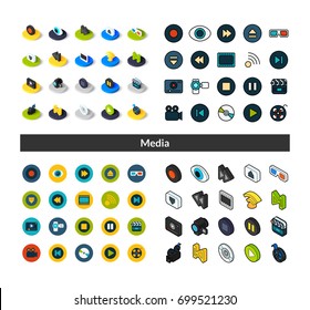 Set of icons in different style - isometric flat and otline, colored and black versions, vector symbols - Media collection