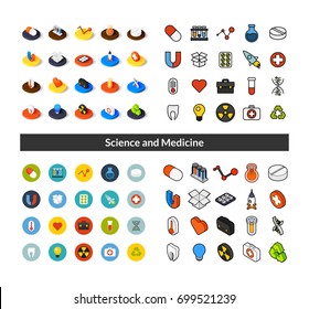 Set of icons in different style - isometric flat and otline, colored and black versions, vector symbols - Science and medicine collection