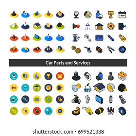 Set of icons in different style - isometric flat and otline, colored and black versions, vector symbols - Car parts and services collection