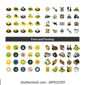 Set of icons in different style - isometric flat and otline, colored and black versions, vector symbols - Farm and farming collection