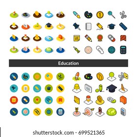 Set of icons in different style - isometric flat and otline, colored and black versions, vector symbols - Education collection