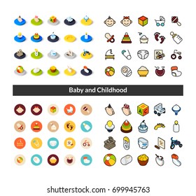 Set of icons in different style - isometric flat and otline, colored and black versions, vector symbols - Baby and childhood collection