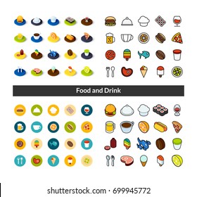 Set of icons in different style - isometric flat and otline, colored and black versions, vector symbols - Food and drink collection
