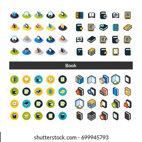 Set of icons in different style - isometric flat and otline, colored and black versions, vector symbols - Book collection