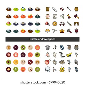 Set of icons in different style - isometric flat and otline, colored and black versions, vector symbols - Castle and weapons collection
