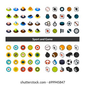 Set of icons in different style - isometric flat and otline, colored and black versions, vector symbols - Sport and game collection