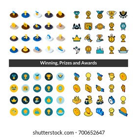 Set of icons in different style - isometric flat and otline, colored and black versions, vector symbols - Winning, Prizes and awards collection