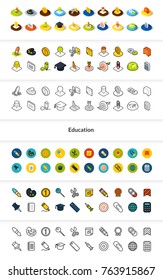 Set of icons in different style - isometric flat and otline, colored and black versions, vector symbols - Education collection