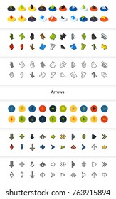 Set of icons in different style - isometric flat and otline, colored and black versions, vector symbols - Arrows collection