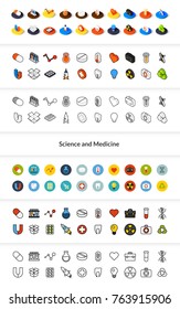 Set of icons in different style - isometric flat and otline, colored and black versions, vector symbols - Science and medicine collection