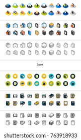 Set of icons in different style - isometric flat and outline, colored and black versions, vector symbols - Book collection