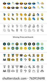 Set of icons in different style - isometric flat and outline, colored and black versions, vector symbols - Winning, Prizes and awards collection