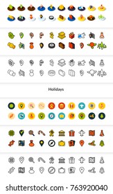 Set of icons in different style - isometric flat and outline, colored and black versions, vector symbols - Holidays collection