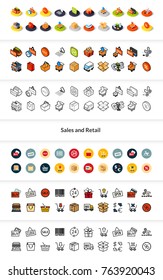 Set of icons in different style - isometric flat and outline, colored and black versions, vector symbols - Sales and retail collection