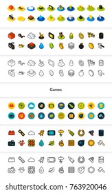 Set of icons in different style - isometric flat and outline, colored and black versions, vector symbols - Games collection