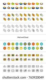 Set of icons in different style - isometric flat and outline, colored and black versions, vector symbols - Mail and cloud collection