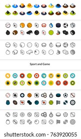 Set of icons in different style - isometric flat and outline, colored and black versions, vector symbols - Sport and game collection