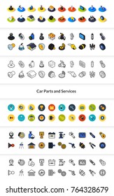 Set of icons in different style - isometric flat and otline, colored and black versions, vector symbols - Car parts and services collection