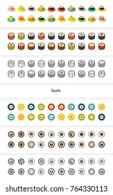 Set of icons in different style - isometric flat and otline, colored and black versions, vector symbols - Sushi collection