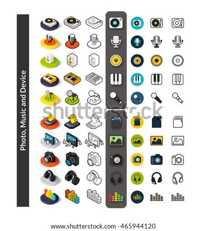 Set of icons in different style - isometric flat and otline, colored and black versions, vector symbols - Photo music and device collection