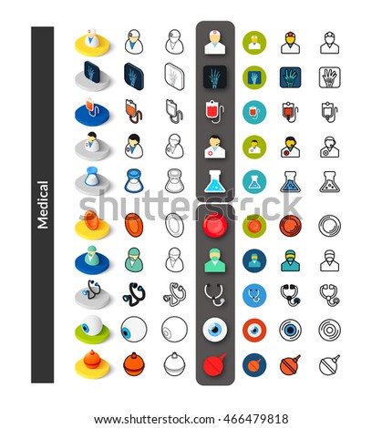 Set of icons in different style - isometric flat and outline, colored and black versions, vector symbols - Medical collection