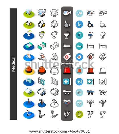 Set of icons in different style - isometric flat and outline, colored and black versions, vector symbols - Medical collection