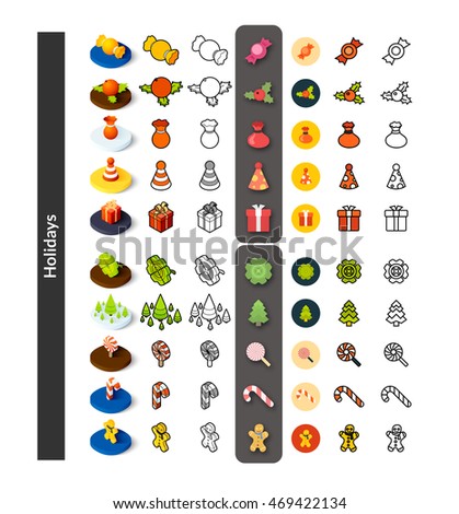 Set of icons in different style - isometric flat and otline, colored and black versions, vector symbols - Holidays collection