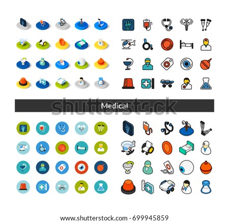 Set of icons in different style - isometric flat and otline, colored and black versions, vector symbols - Medical collection