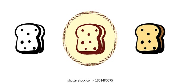 Set of icons with different styles of slices of bread. Outline, color and retro symbols of a slice of bread. Freehand drawing, doodles. Stylish solution for website and label.