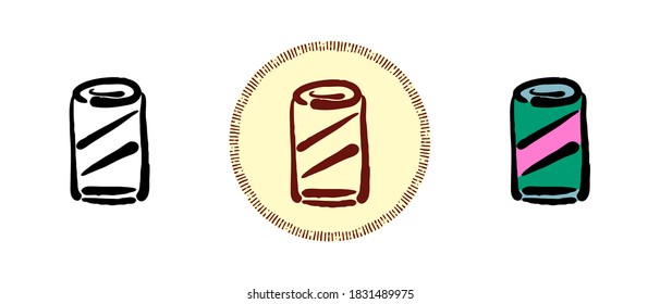 Set of icons with different styles of soda cans. Soda can contour, color and retro symbols. Freehand drawing, doodles. Stylish solution for website and label.