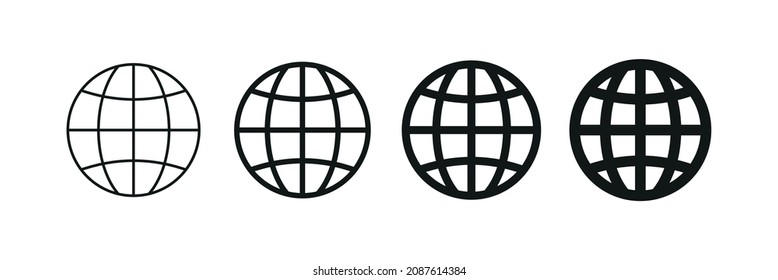 A set of icons of different thickness of the world wide web (www). Internet sign, earth. Globe, website address, outline symbol. Isolated vector illustration on white background.